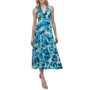DKNY Womens Cotton V-Neck Halter Midi Dress 10 Indigo Multi - NWT